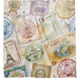 Rideaux De Douche Timbre de passeport rustique motif voyage (8)
