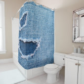 Rideaux De Douche Tissu en denim déchiré, teintes bleues. (En situation)
