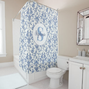 Rideaux De Douche Toile Bleue Motif Floral Monogramme Nom