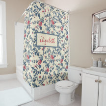 Toile de Jouy bleu et rouge floral et oiseaux