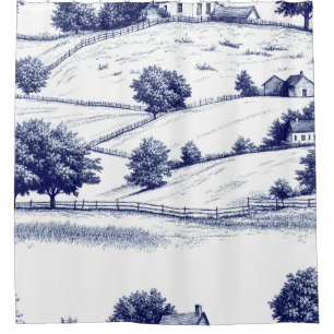 Rideaux De Douche Toile de Jouy Bleu Français Architecture Pastorale