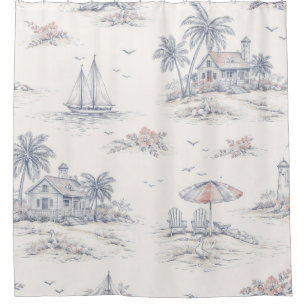 Rideaux De Douche Toile de Jouy Bleue Côtière