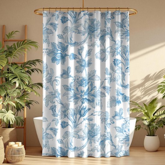Rideaux De Douche Toile-de-jouy Chinoiseries Blue Floral Pattern