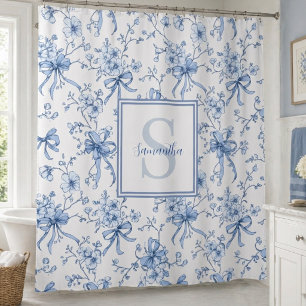 Rideaux De Douche Toile de Jouy Florale Bleue Monogramme Nom