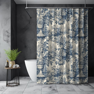 Rideaux De Douche Toile de Jouy florale bleue vintage