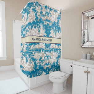 Rideaux De Douche Toile De Jouy Florale Monogramme Bleu Vintage