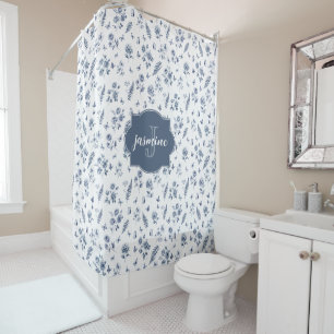 Rideaux De Douche Toile de jouy française Monogramme Nom Motif Bleu