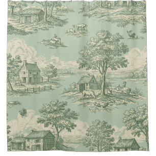 Rideaux De Douche Toile de Jouy pastorale vert sauge Scène rurale 1