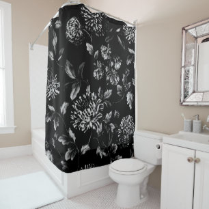 Rideaux De Douche Toile floral géant vintage moderne blanc noir