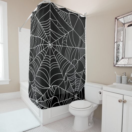 Rideaux De Douche Toiles d'araignée noires et blanches Halloween (En situation)