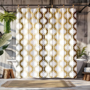 Rideaux De Douche Tons Or & Motif Géométrique En Blanc