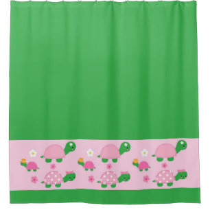 Rideaux De Douche Tortue verte mignonne sur le rose coloré
