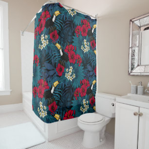 Rideaux De Douche Toucans and tropical flora, green and red
