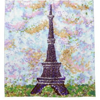Rideaux De Douche Tour Eiffel Pointillisme Herbe Nuage Ciel Paysage