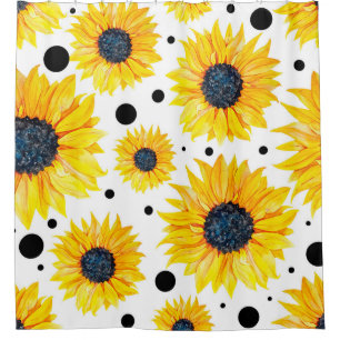 Rideaux De Douche Tournesols jaunes sur fond blanc motif