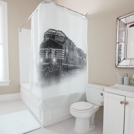 Rideaux De Douche Trains de train noir et blanc (En situation)