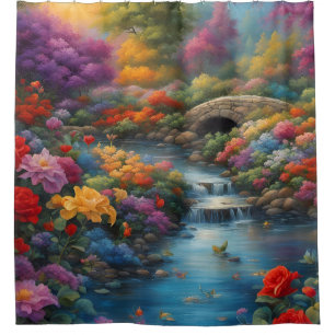 Rideaux De Douche "Tranquil Brook and Stone Bridge"
