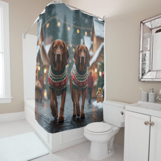 Rideaux De Douche Treeing Walker Coonhound Dogs Christmas Snow  (En situation)