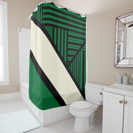 Rideaux De Douche Triangle - Vert, Crème et Noir (En situation)