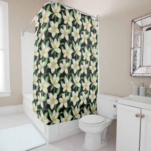 Rideaux De Douche Tropical continu motif fleurs blanches feuille ver (En situation)