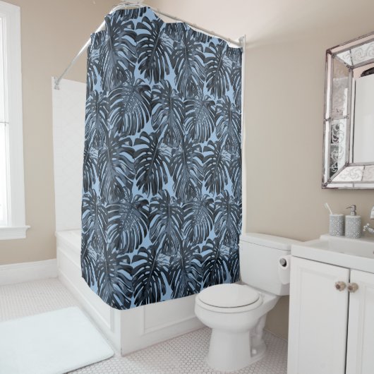 Rideaux De Douche Tropical Dark Blue Jungle Feuilles (En situation)