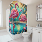 Rideaux De Douche "Tropical Flamant rose Pool Party - Vibrant Retro (En situation)