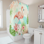 Rideaux De Douche Tropical Flamingo Watercolor & Geometric Pattern (En situation)