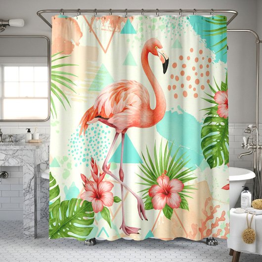 Rideaux De Douche Tropical Flamingo Watercolor & Geometric Pattern