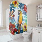 Rideaux De Douche Tropical Macaw Parrot Jaune Turquoise Rouge Plage  (En situation)
