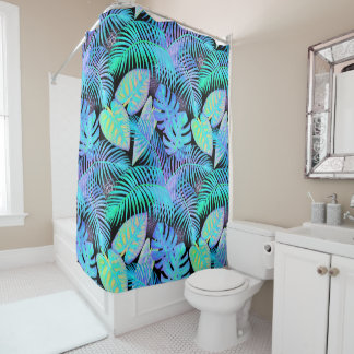 Rideaux De Douche Tropical Neon Leaf Pattern on Black