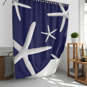 Rideaux De Douche Tropical White Starfish sur Navy Blue Beach Show