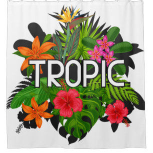 Rideaux De Douche Tropique Moderne Hibiscus tropical Texte sur feuil