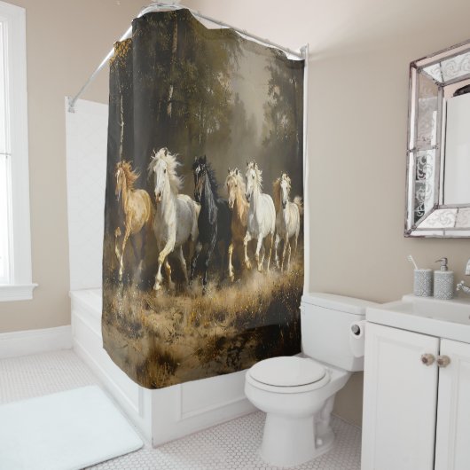 Rideaux De Douche Troupeau de chevaux dans la peinture forestière (En situation)