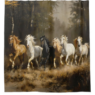 Rideaux De Douche Troupeau de chevaux dans la peinture forestière