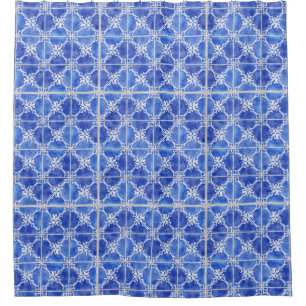 Rideaux De Douche Tuile blanche bleue vintage marocaine peinte à la