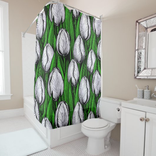 Rideaux De Douche Tulières blanches avec feuilles verts (En situation)