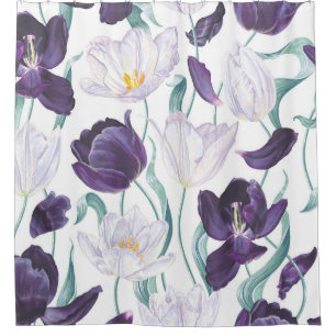 Rideaux De Douche Tulipes pourpres : Vintage réalisme blanc.