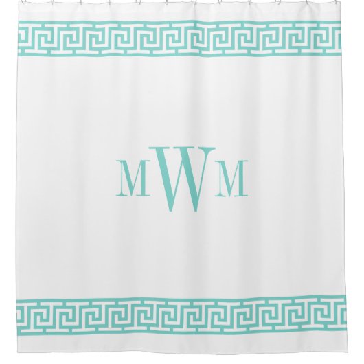 Rideaux De Douche Turquoise Aqua Clé Grecque J Bordure Monogramme (Devant)