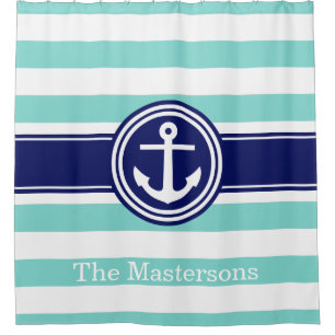 Rideaux De Douche Turquoise Aqua Wt Navy Blue Nautical Stripe Ancre
