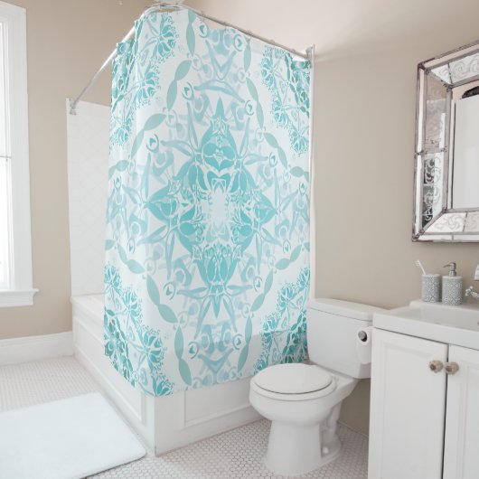 Rideaux De Douche Turquoise Blanc Damassé Classique (En situation)