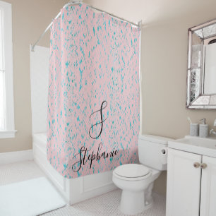 Rideaux De Douche Turquoise Bleu Artsy Motifs Monogrammes Nom Blush