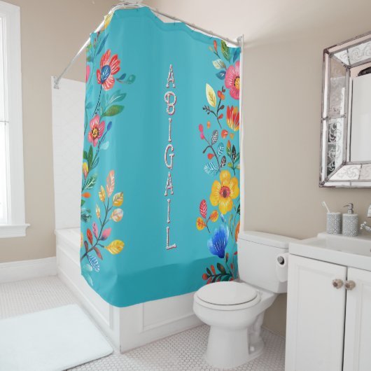 Rideaux De Douche Turquoise Boho Nom personnalisé Floral mexicain (En situation)