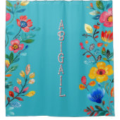 Rideaux De Douche Turquoise Boho Nom personnalisé Floral mexicain (Devant)
