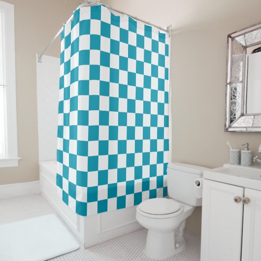 Rideaux De Douche Turquoise foncé à carreaux (En situation)