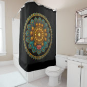 Rideaux De Douche Turquoise Lotus Mandala Art | Black Boho Graphic (En situation)