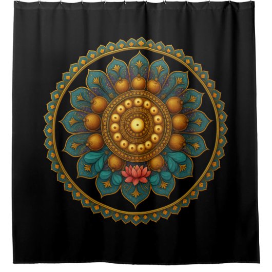 Rideaux De Douche Turquoise Lotus Mandala Art | Black Boho Graphic (Devant)
