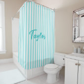 Rideaux De Douche Turquoise pâle et rayure de bonbon blanc (En situation)