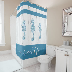 Rideaux De Douche Turquoise seahorse beach life script blanc bois ru