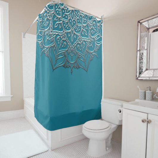 Rideaux De Douche Turquoise & Silver Mandala Elégant Minimal Marocai (En situation)