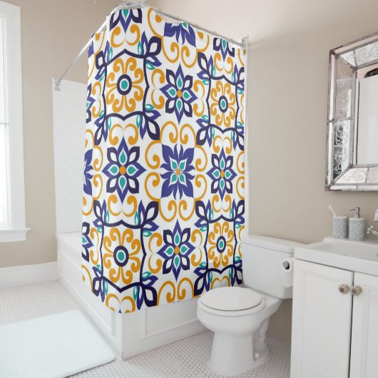 Rideaux De Douche Tuscan Verve Vibrant Scrollwork Mediterranean (En situation)